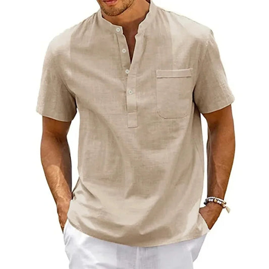 Cotton Linen Shirt Men Henley Neck Pocket Casual Beach Short Sleeve Solid Color Male Tops T-shirts Vintage Streetwear - MANDOTOS