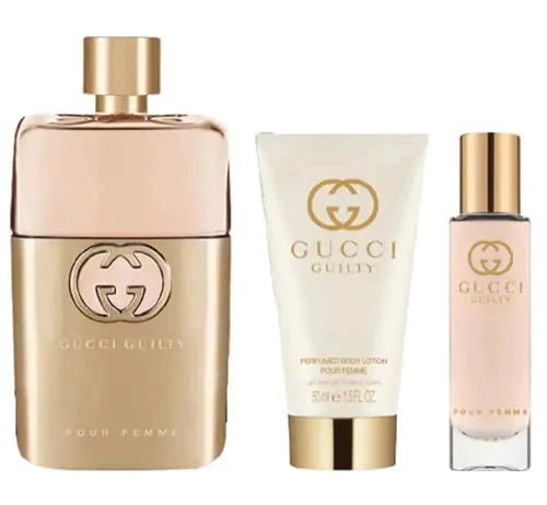 Gucci Guilty 3 Piece Hardbox Gift Set for Women (3 Ounce Eau de Parfum Spray + 1.6 Ounce Perfumed Body Lotion + 0.5 Ounce Eau de Parfum Travel Spray) - MANDOTOS INTERNATIONAL