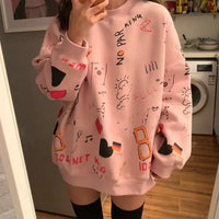 Pink oversized Chic Loose Women's Thick Long Sleeve Sweatshirt Dress with colorful graffiti prints.