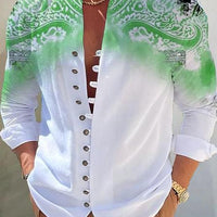 Mens fashion 3D printed shirt top, green paisley gradient fading to white, button-down front, Ancient Energy.
