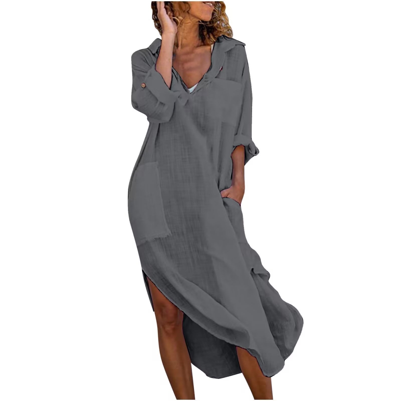 2024 Chic Midi Shirt Dress in Slub Cotton