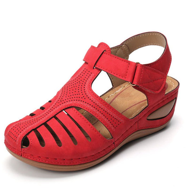 Women's plus-size red retro wedge sandals with round toe and slingback strap