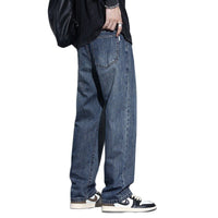 Fleece-lined American-style retro men's straight-leg denim pants in blue