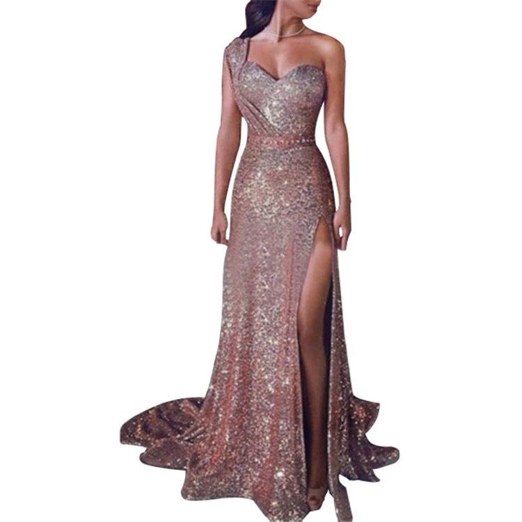 Women's Clothing One-shoulder Sleeveless Bronzing Split Dress MANDOTOS