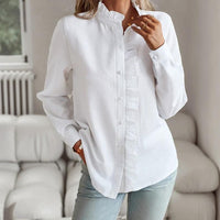 Striped Long Sleeve Shirt Fashion Ruffle Design Button Up Tops Casual Office Blouse Elegant Commuting Women's Clothing - MANDOTOS INTERNATIONAL0