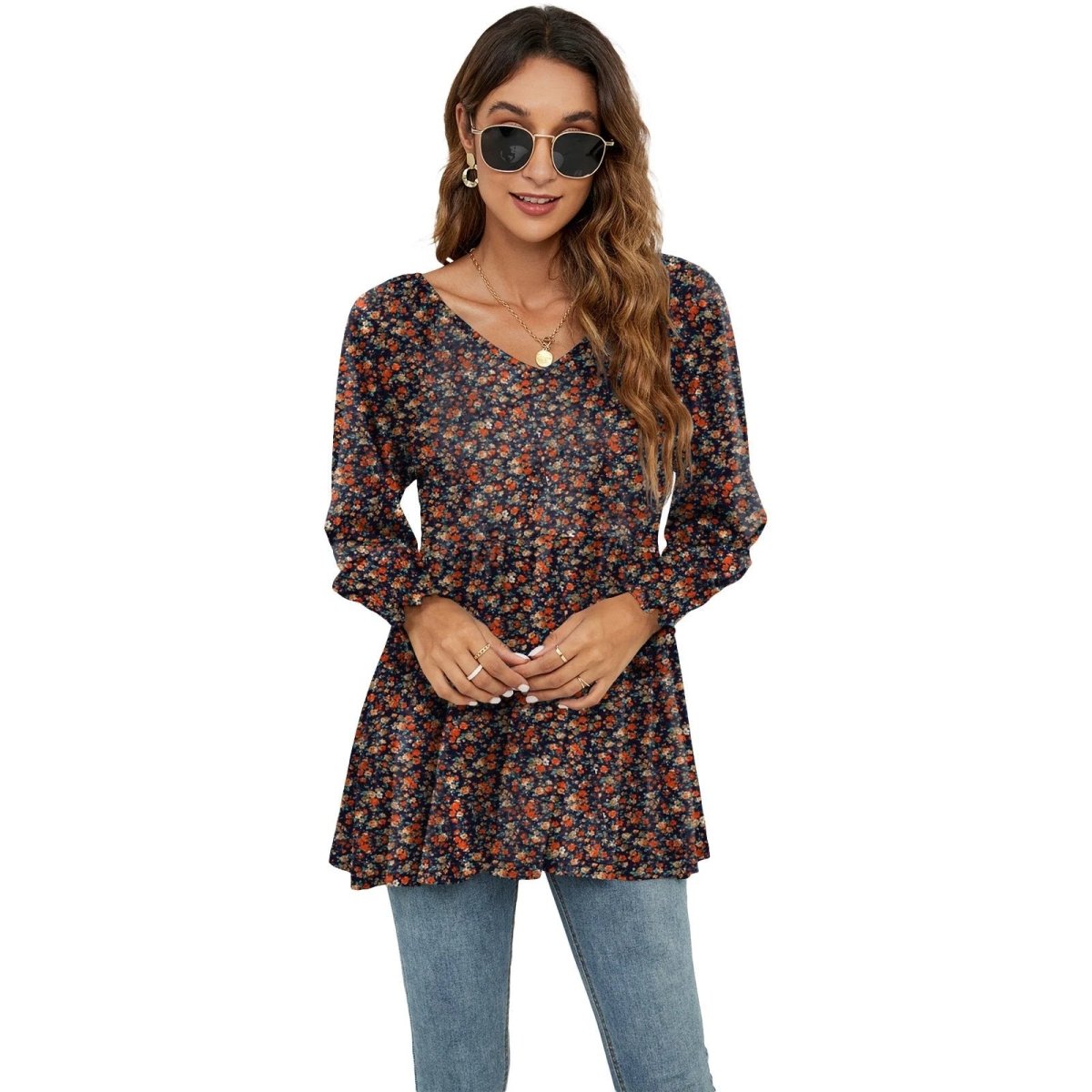 Long Puff Sleeve Tops Women Flowers Print Casual V - Neck Blouse T-Shirts Babydoll Tops - MANDOTOS INTERNATIONAL0