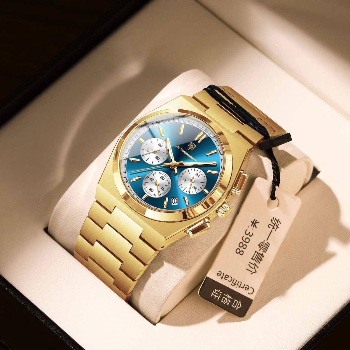 Mens Waterproof Multifunctional Luminous Ultra-thin Watch with gold-tone stainless steel bracelet and blue dial