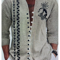Mens Fashion 3D Printed Shirt Top in light grey knit with black geometric trim and button placket