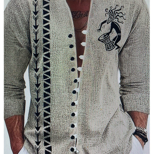 Mens Fashion 3D Printed Shirt Top in light grey knit with black geometric trim and button placket