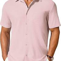 Men's short-sleeve wrinkle-resistant button-up shirt in pale pink by Ancient Energy