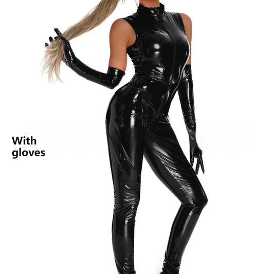 Shiny Patent Leather Mirror One-piece Leather Coat For Women