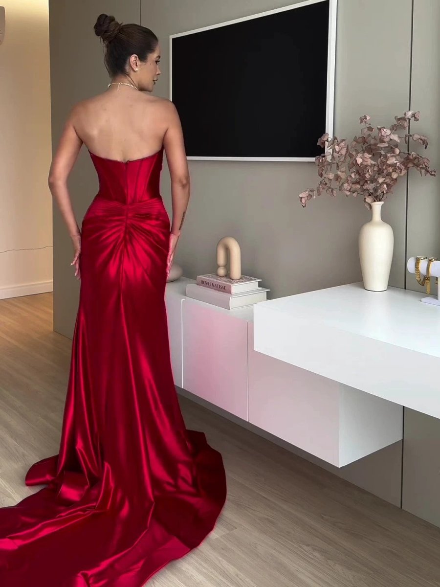 Tube Top Slit Red Extra Long Evening Dress MANDOTOS