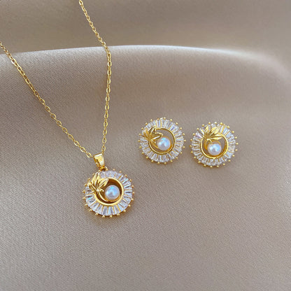 Fashion Jewelry Square Full Diamond Personalized Round Ring Leaves Necklace And Earrings Suite - MANDOTOS