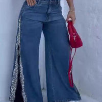 Leopard Print Zip-up Jeans by Ancient Energy, blue denim with leopard-print side panels