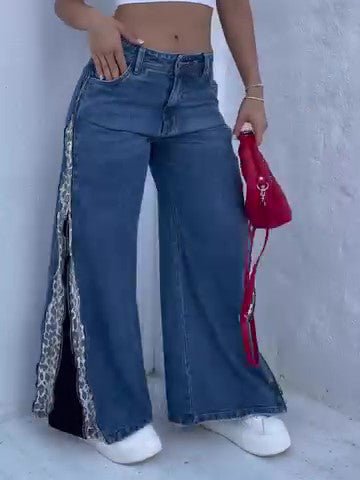 Leopard Print Zip-up Jeans by Ancient Energy, blue denim with leopard-print side panels