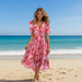 Chiffon Printed Short Sleeve Dress Summer Elegant V-neck Dresses Womens Clothing MANDOTOS