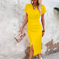 Split V-Neck Bodycon Dress – Slim Fit Short Sleeve Slit Dress