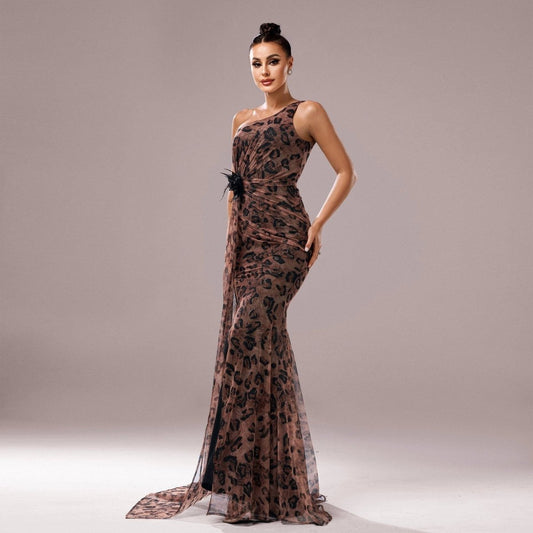 One-shoulder Diagonal Collar Leopard Sequined Evening Dress MANDOTOS