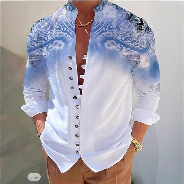 Mens Fashion 3D Printed Shirt Top in blue gradient with ornate paisley pattern, button placket, rolled sleeves.