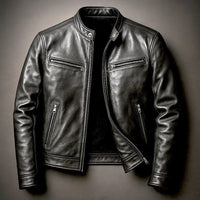 Mens black PU leather motorcycle jacket with stand-up collar; front zip, two chest zip pockets, and two side zip pockets.