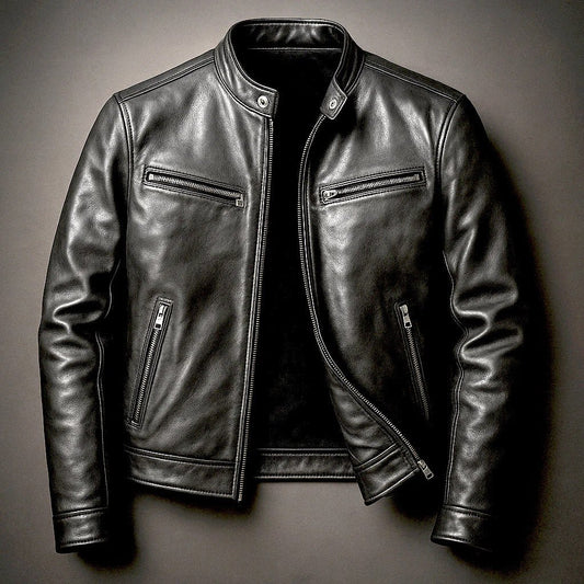 Mens black PU leather motorcycle jacket with stand-up collar; front zip, two chest zip pockets, and two side zip pockets.