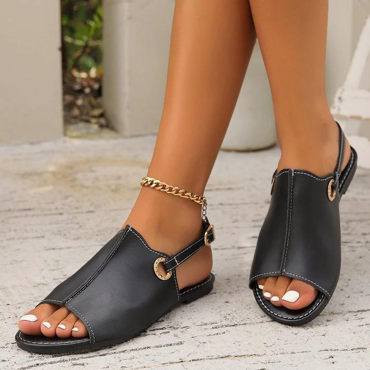 Peep-Toe Sandals - Summer Casual Buckle Flats Beach Shoes - MANDOTOS