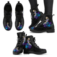 Pair of Gothic print vegan leather combat boots by Ancient Energy, black with purple-blue floral accents.