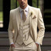 Mens Slim-Fit Light Luxury Suit in cream beige with waistcoat and pocket square.