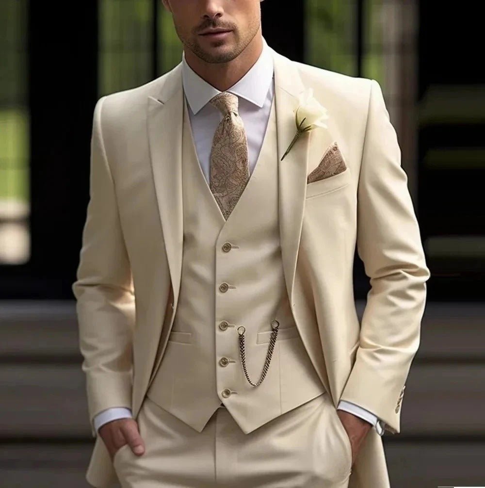 Mens Slim-Fit Light Luxury Suit in cream beige with waistcoat and pocket square.