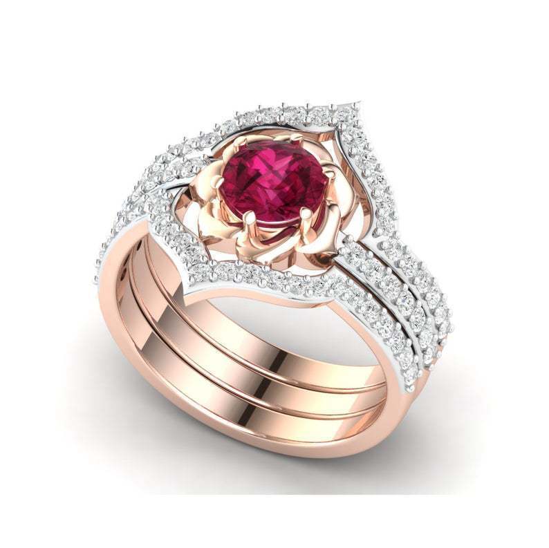Exquisite Rose Gold Flower Ring Anniversary Proposal Jewelry Women Engagement Wedding Band Ring Set - MANDOTOS