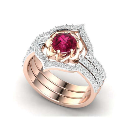 Exquisite Rose Gold Flower Ring Anniversary Proposal Jewelry Women Engagement Wedding Band Ring Set - MANDOTOS
