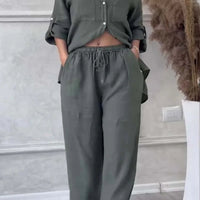 Wide-Leg Pants & Lace-Up Top Two-Piece Set – Solid Color, 12 Colors S–5XL