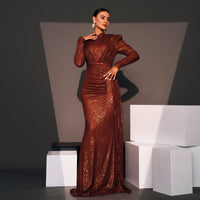 Long Sleeve Round Neck Sexy Slim Long Sequined Banquet Dress MANDOTOS