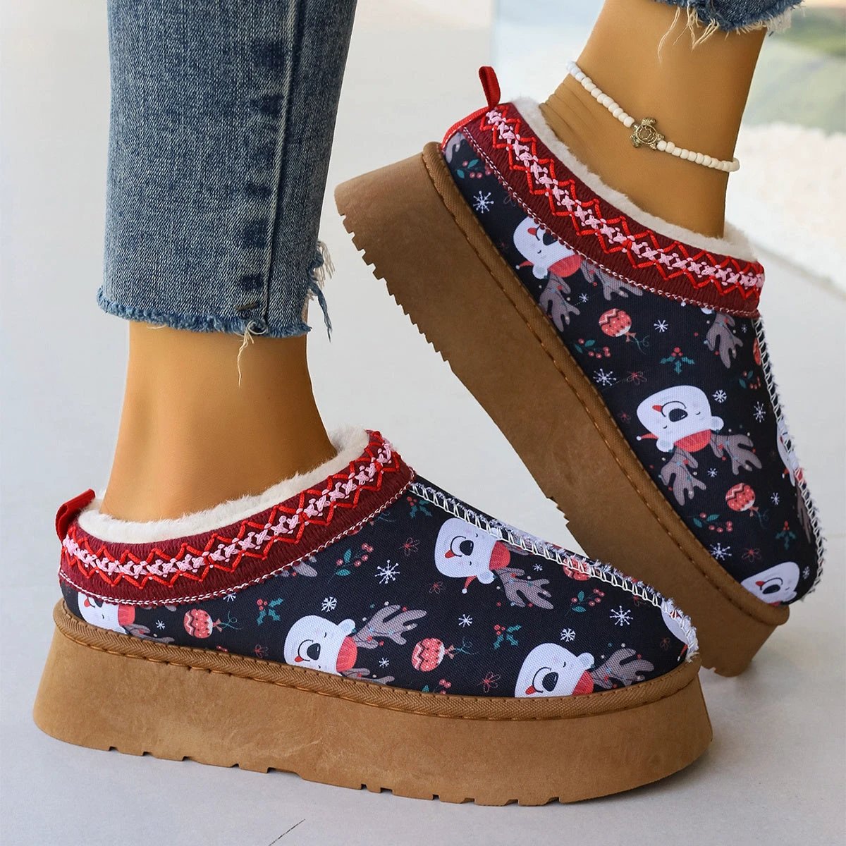 Mandotos Christmas Cartoon Print Plush Lined Slip On Navy Ankle Boots For Women Indoor Home Shoes - MANDOTOS