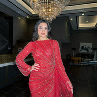 Abira Sequin Modest Neckline Long Sleeve Embellished Dress With Side Skirt - MANDOTOS INTERNATIONALDresses