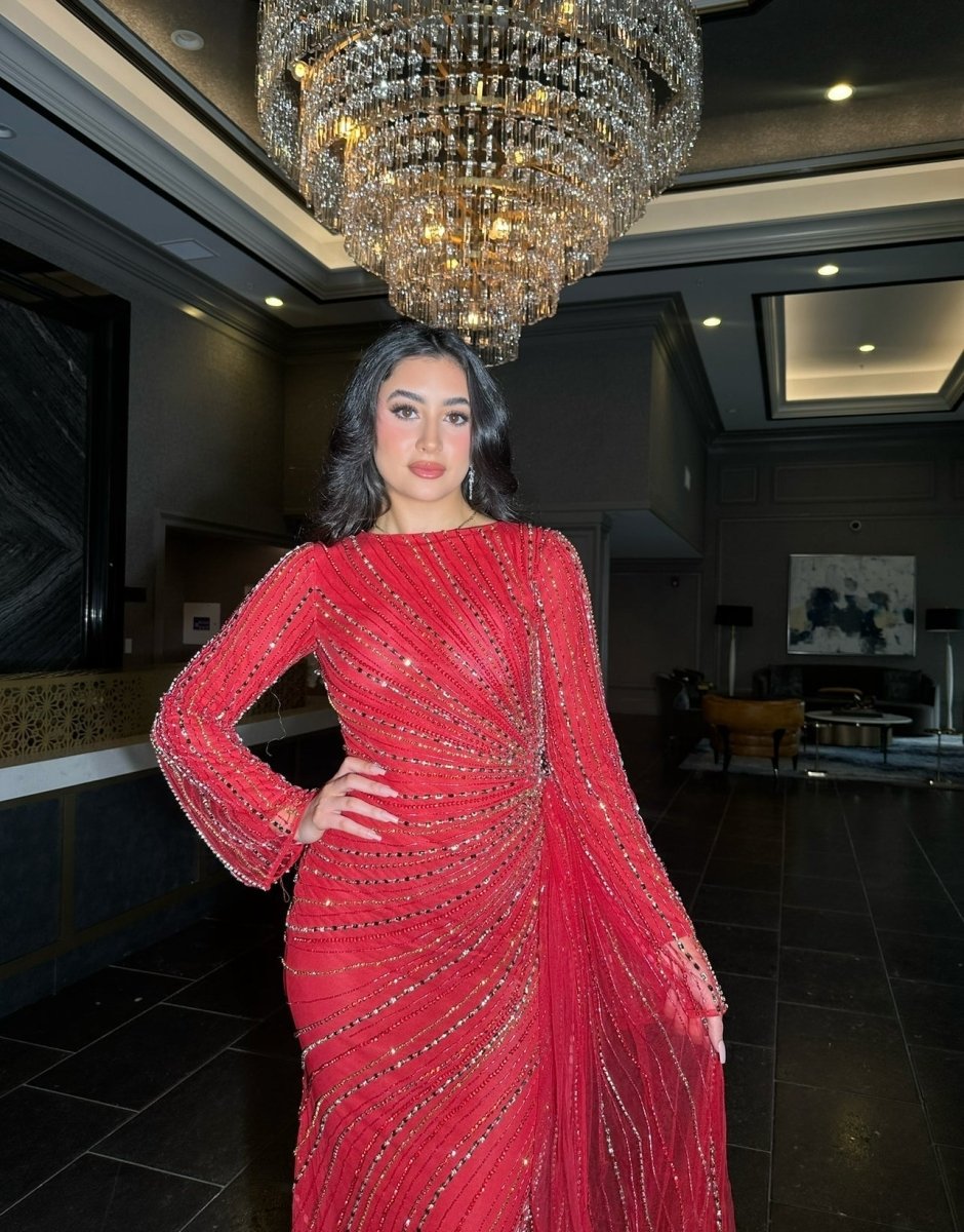 Abira Sequin Modest Neckline Long Sleeve Embellished Dress With Side Skirt - MANDOTOS INTERNATIONALDresses