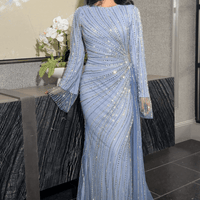 Abira Sequin Modest Neckline Long Sleeve Embellished Dress With Side Skirt - MANDOTOS INTERNATIONALDresses