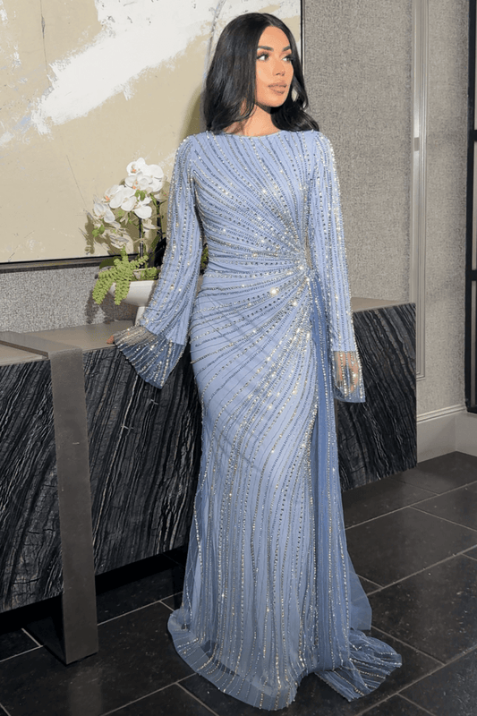 Abira Sequin Modest Neckline Long Sleeve Embellished Dress With Side Skirt - MANDOTOS INTERNATIONALDresses
