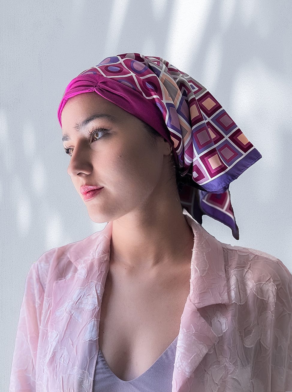 Retro Kerchief Headscarf - Pink Geometric