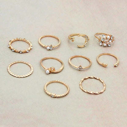 Bohemian Fashion Star Moon Love Pearl Leaf 10-Piece Ring - MANDOTOS