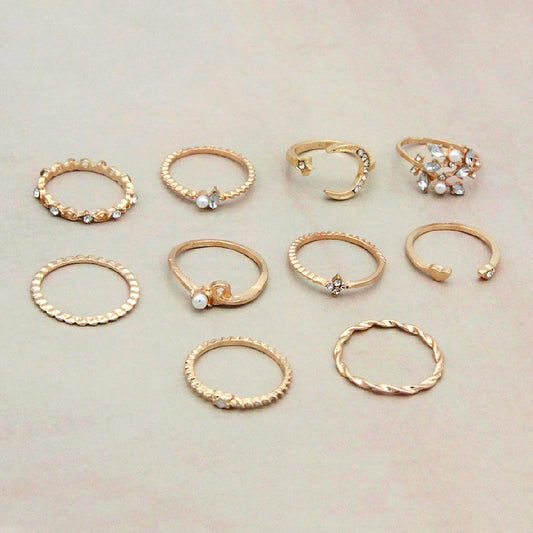 Bohemian Fashion Star Moon Love Pearl Leaf 10-Piece Ring - MANDOTOS