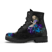 Gothic Print Vegan Leather Combat Boots with floral design and girl graphic, black lace-up ankle boot
