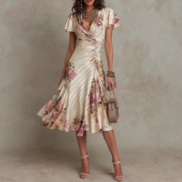 Ruffled Hem Maxi Dress – V-Neck Satin A-Line Color Block Dress