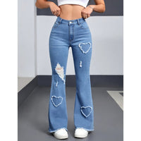 Denim jeans for women in blue with heart-shaped distressed patches, ripped knees, and frayed hems