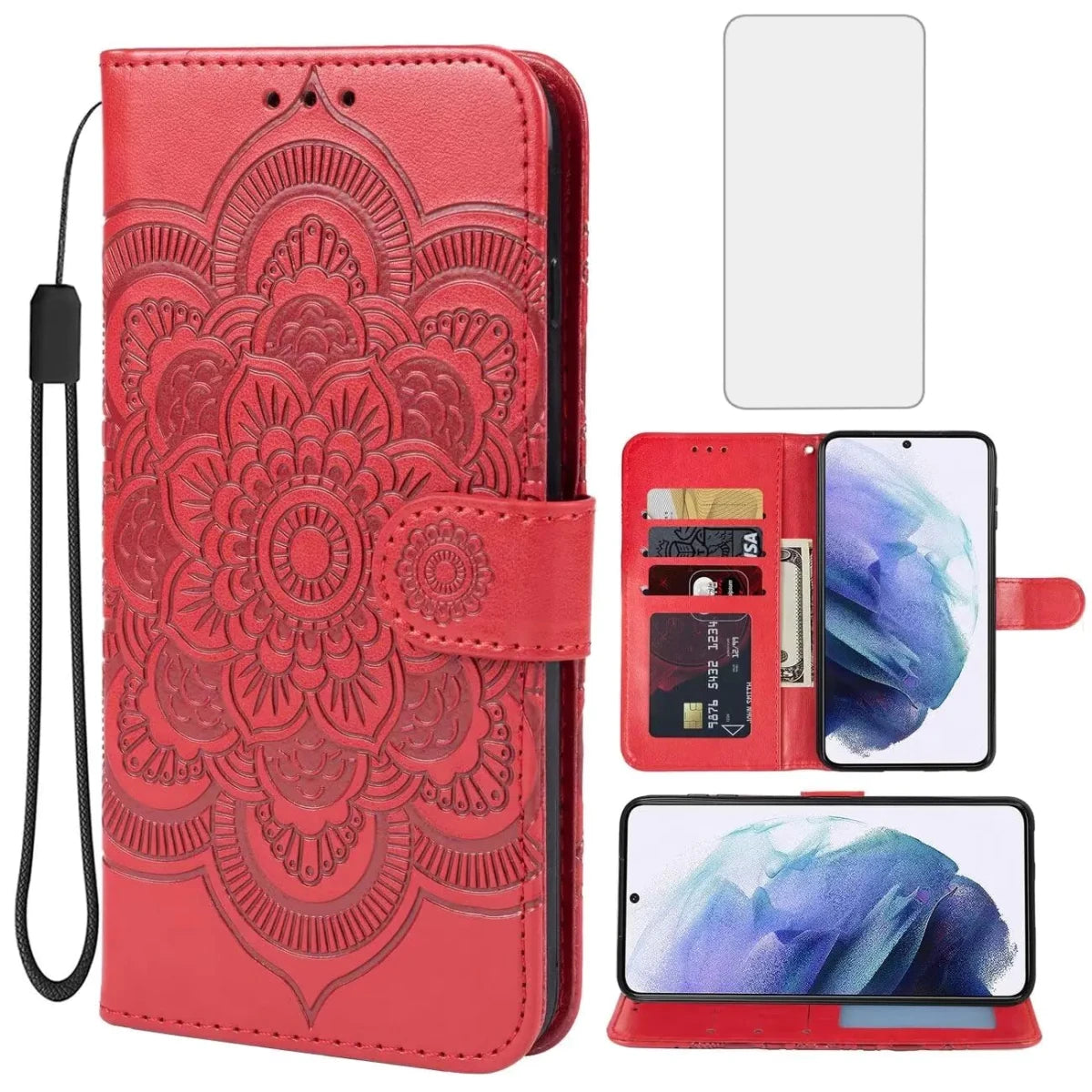 Mandala Red Wallet Case for Galaxy S21 with Screen Protector - MANDOTOS INTERNATIONAL