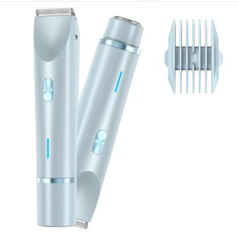 Ancient Energy 2-in-1 women's hair remover with double head shaver and electric trimmer for body and pubic hair, wet or dry use.