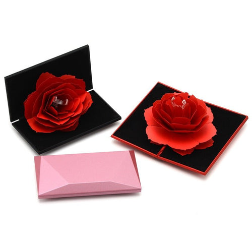 3D Love Box heart-shaped rotating rose ring box; red rose display in black and pink gift cases, set of 3