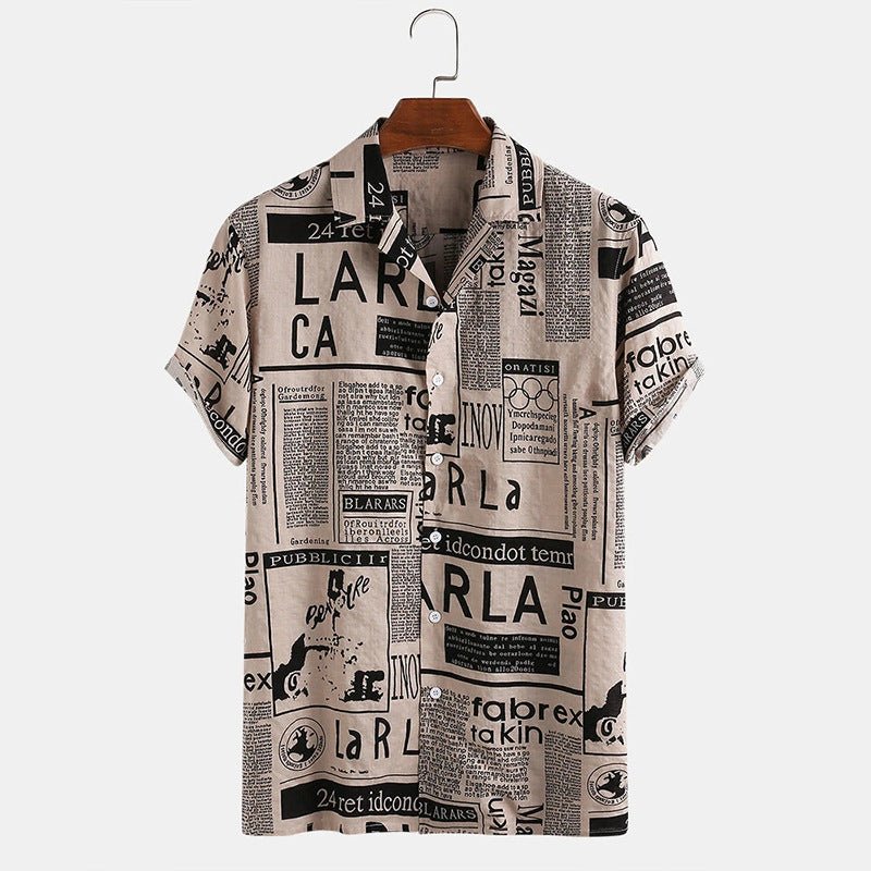 3XL men's vintage Hawaiian shirt by Ancient Energy featuring newspaper print design, casual summer shirt with tropical style.