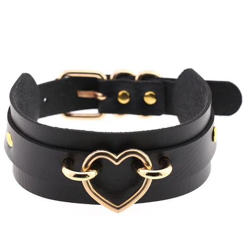 Women's black leather double-wrap collar necklace with gold heart clasp detail