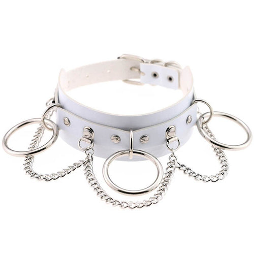 Collar women's leather neck band with metal rings and chains, white/gray, Ancient Energy.